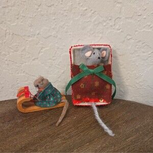 Vintage Handmade Felt Mouse Christmas Ornaments Lot of 2 Grandmacore